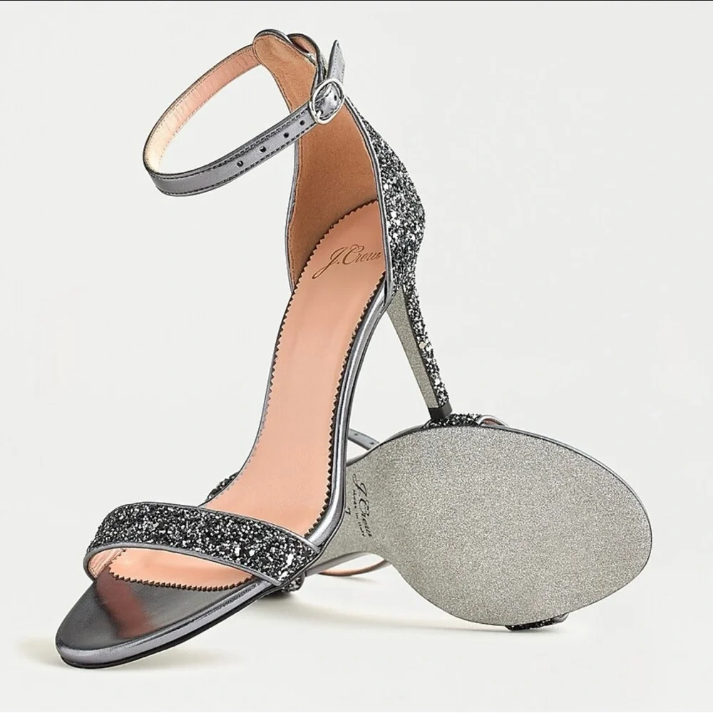 NEW - J. Crew Riley Sandal Stiletto Heels Silver Gunmetal Glitter Size 9.5 NIB